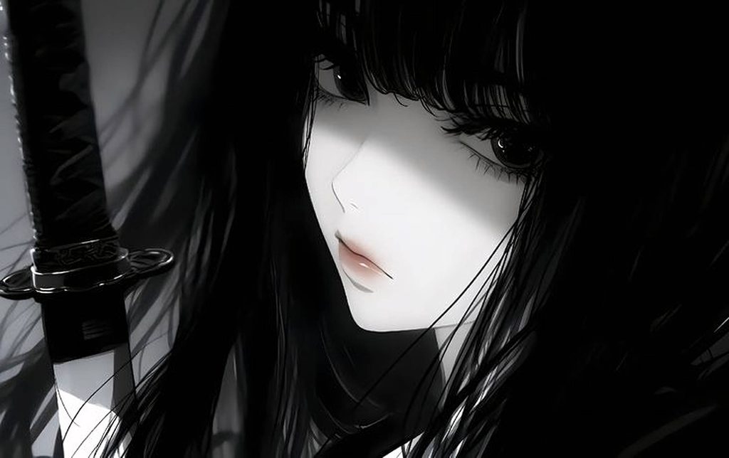 Ảnh anime nữ buồn màu đen trắng 