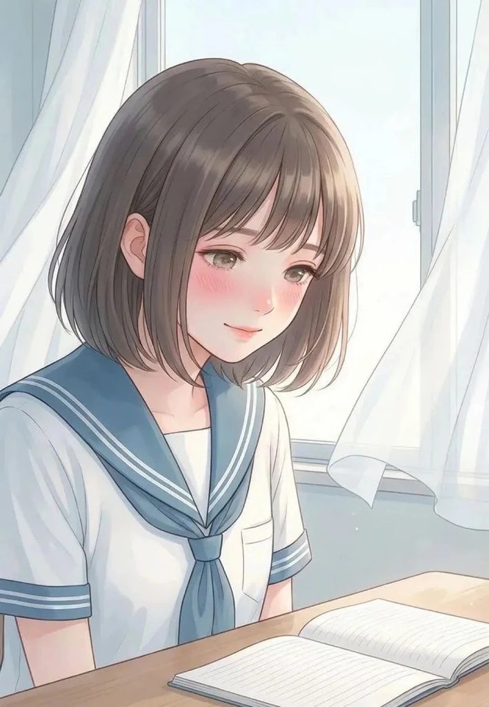 Ảnh anime vẽ nữ sinh học đường đang ngồi học