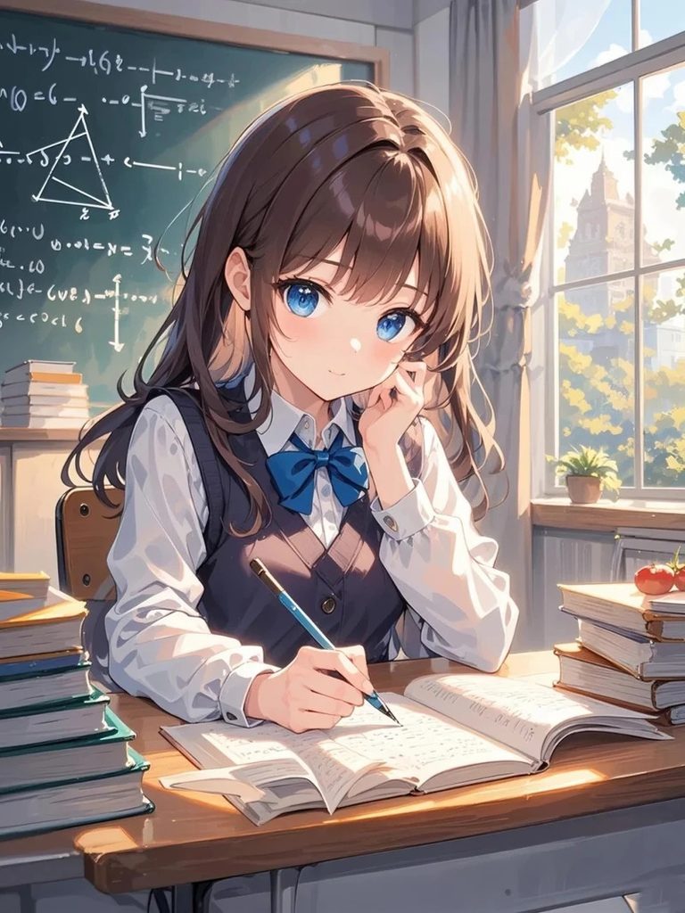 Ảnh anime vẽ nữ sinh học đường đang ngồi học