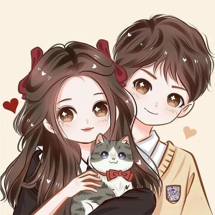 Ảnh cặp đôi anime chibi cute với mèo 