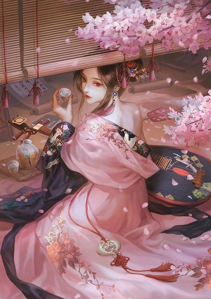 Tranh vẽ anime nữ cổ trang quyến rũ màu sắc 